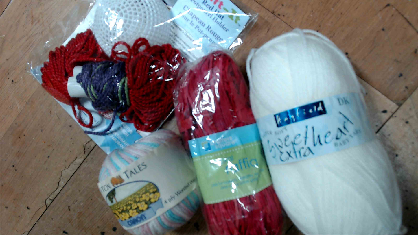 Mixed Yarn & Craft Lot – Baby Yarn, Raffia, Cotton Blend & Potpourri Holder Kit