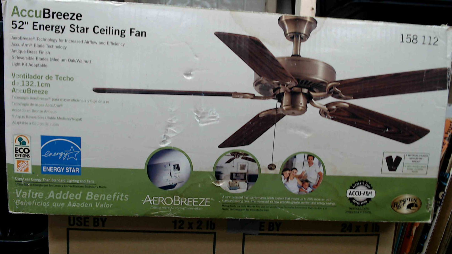 AccuBreeze 52" Energy Star Ceiling Fan - Antique Brass Finish (Open Box, Never Used)