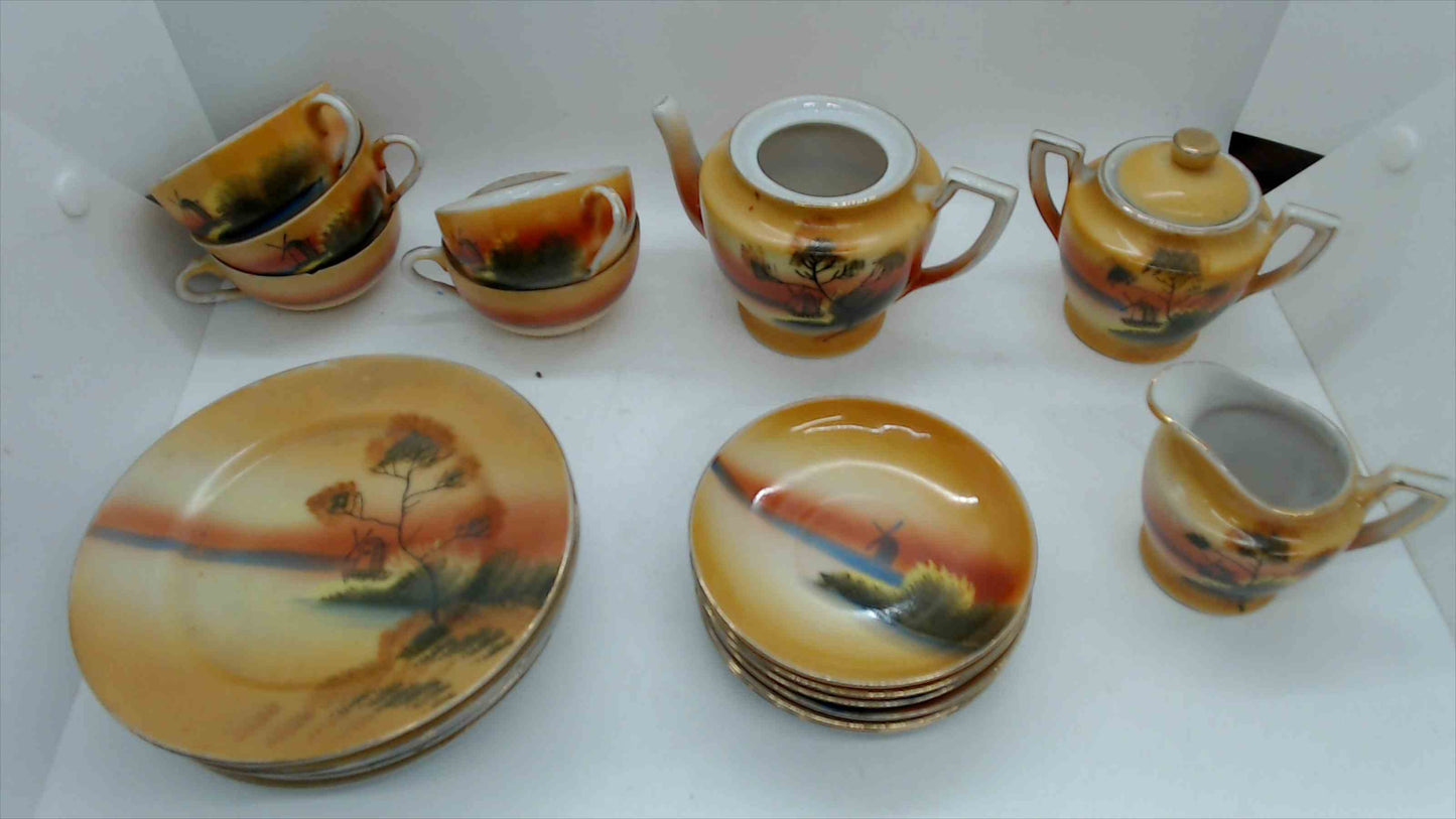 Vintage Japanese Lusterware Tea Set - Hand Painted Sunset Scene - Made in Japan