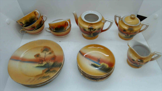 Vintage Japanese Lusterware Tea Set - Hand Painted Sunset Scene - Made in Japan
