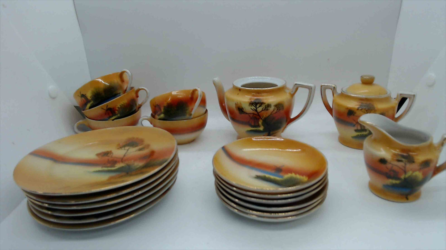 Vintage Japanese Lusterware Tea Set - Hand Painted Sunset Scene - Made in Japan