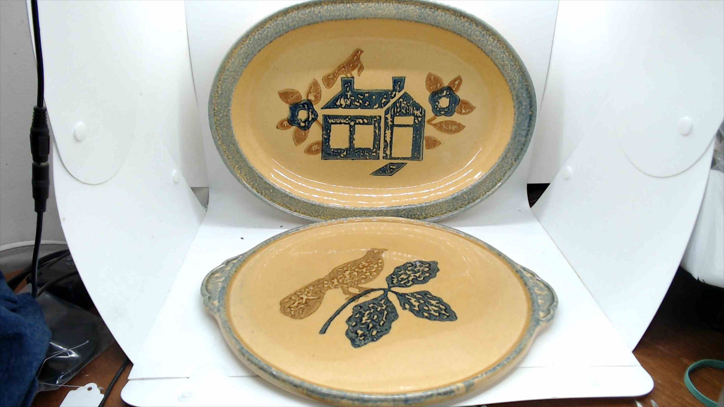 Vintage Pfaltzgraff USA Folk Art Oval/Round Platters Set of 2 - House & Bird Designs - 13.5"