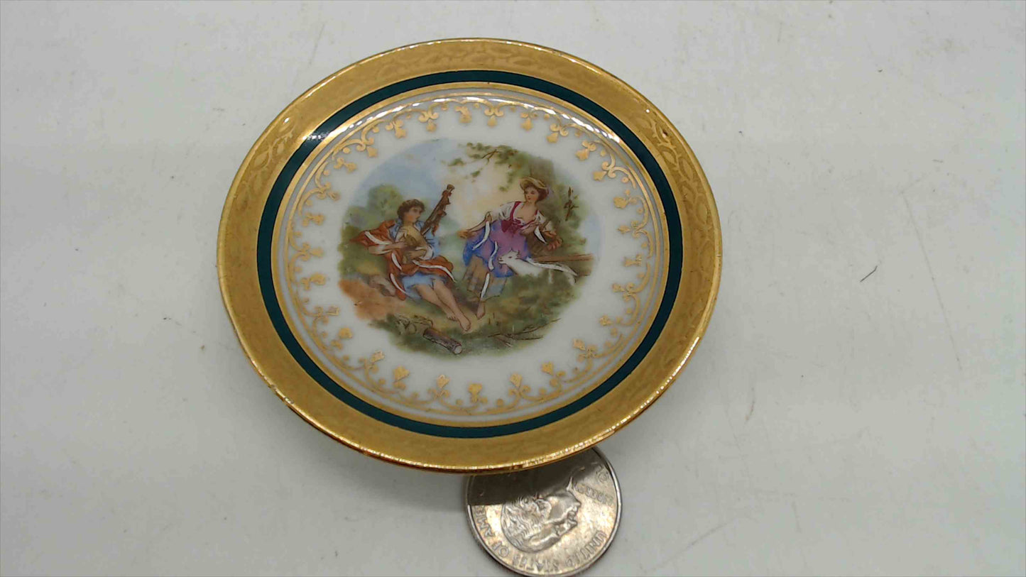 Limoges France Porcelain Miniature Dish – Rococo Courting Scene, Gold Gilt, 3.25"