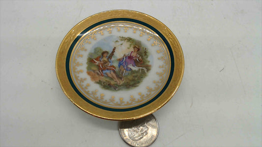Limoges France Porcelain Miniature Dish – Rococo Courting Scene, Gold Gilt, 3.25"
