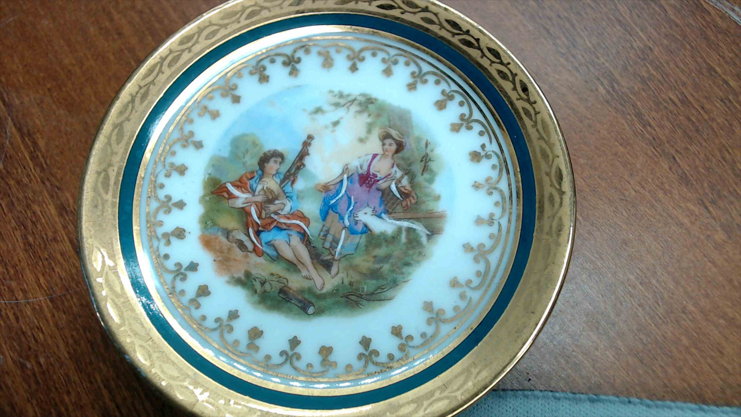 Limoges France Porcelain Miniature Dish – Rococo Courting Scene, Gold Gilt, 3.25"