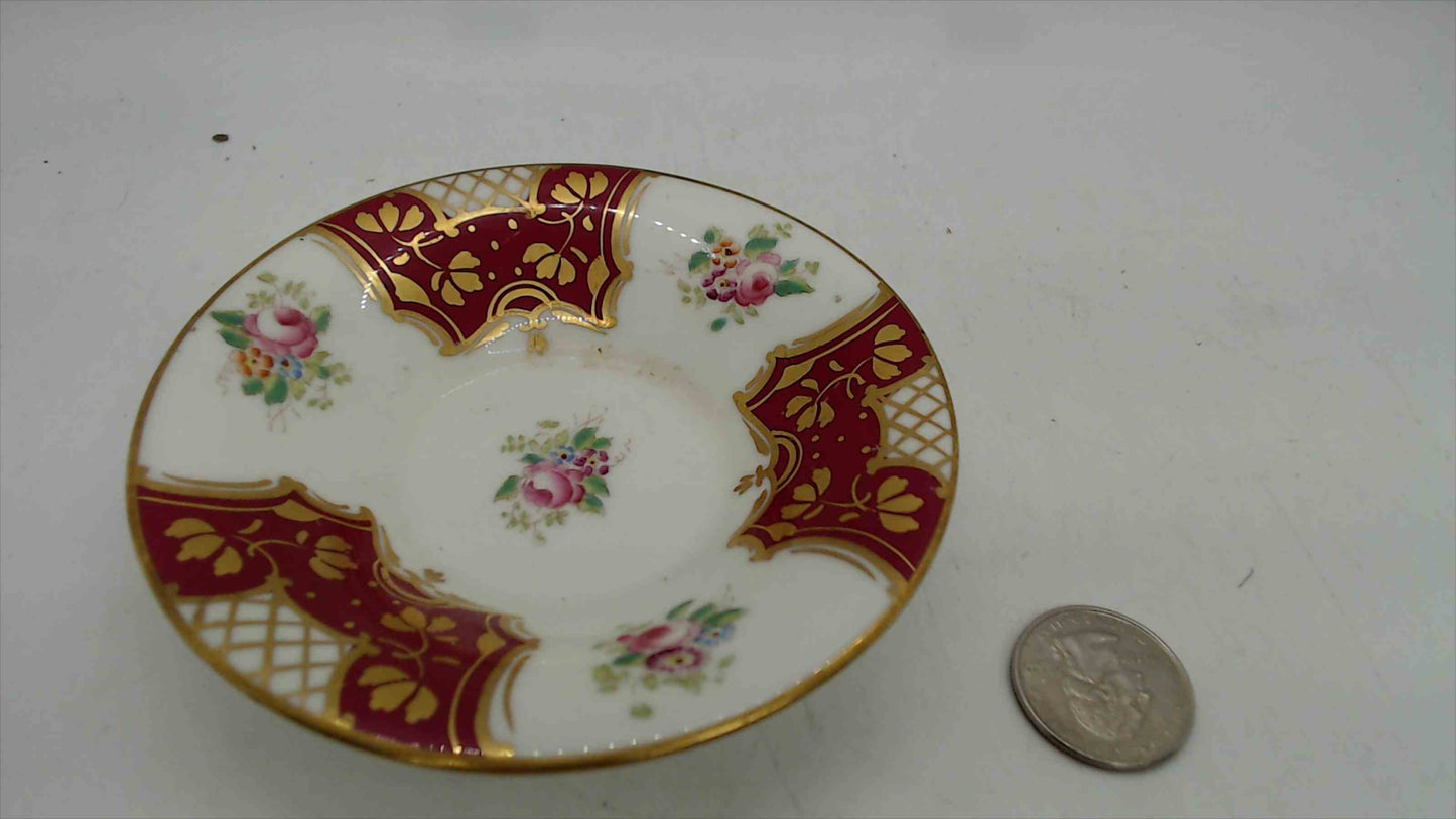 Fenton Bone China Miniature Dish – Ruby Ground, Floral Bouquets & Gold Lattice, 4.25"