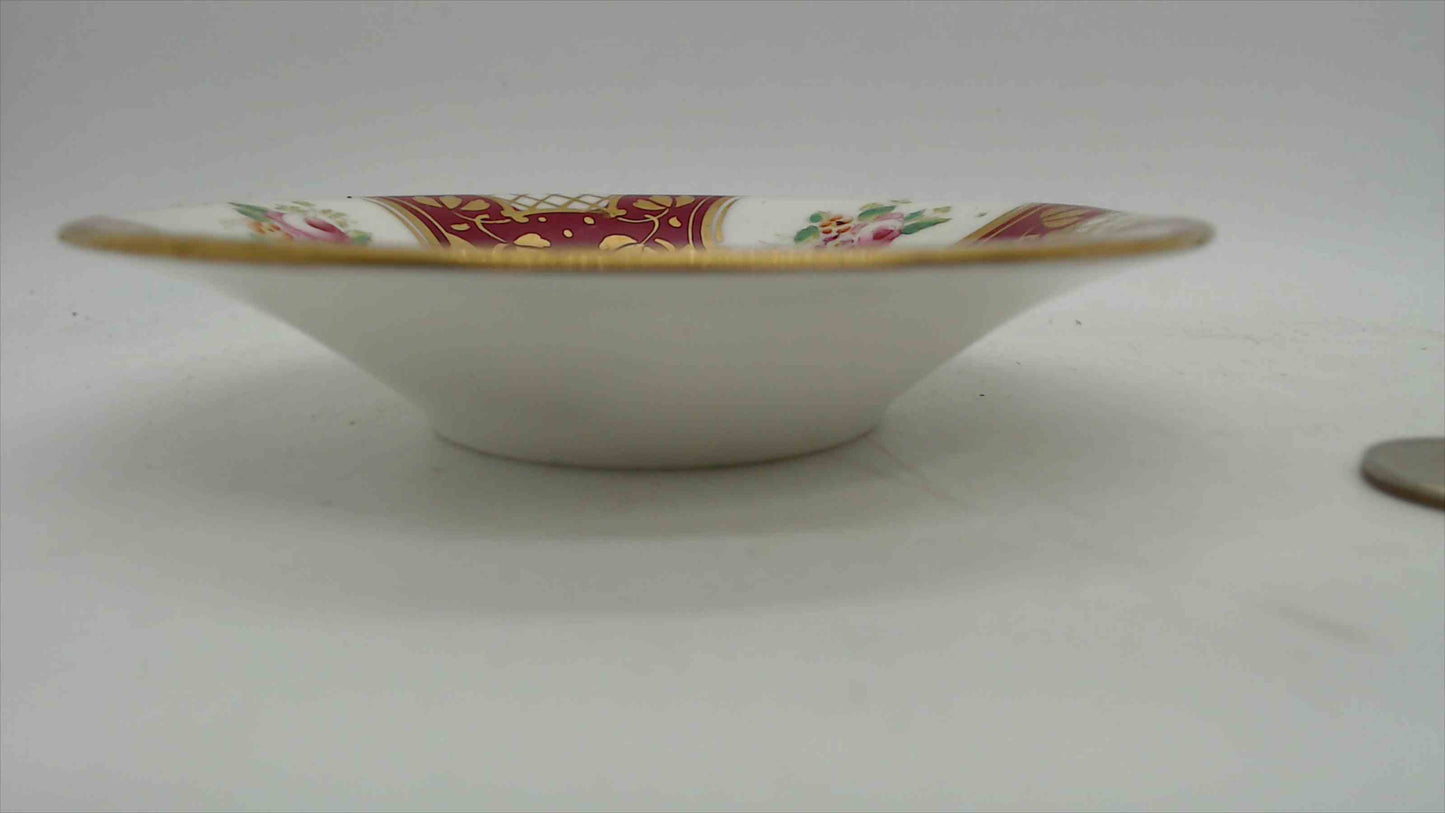 Fenton Bone China Miniature Dish – Ruby Ground, Floral Bouquets & Gold Lattice, 4.25"