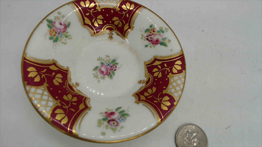Fenton Bone China Miniature Dish – Ruby Ground, Floral Bouquets & Gold Lattice, 4.25"