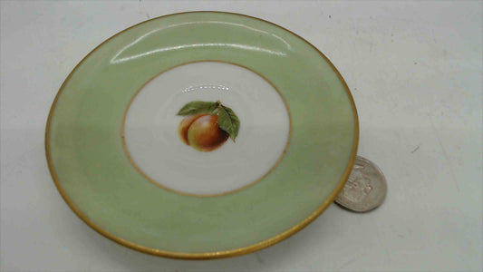 LGN France Porcelain Miniature Dish – Celadon Green, Hand-Painted Peach, Gold Gilt, 4.5"