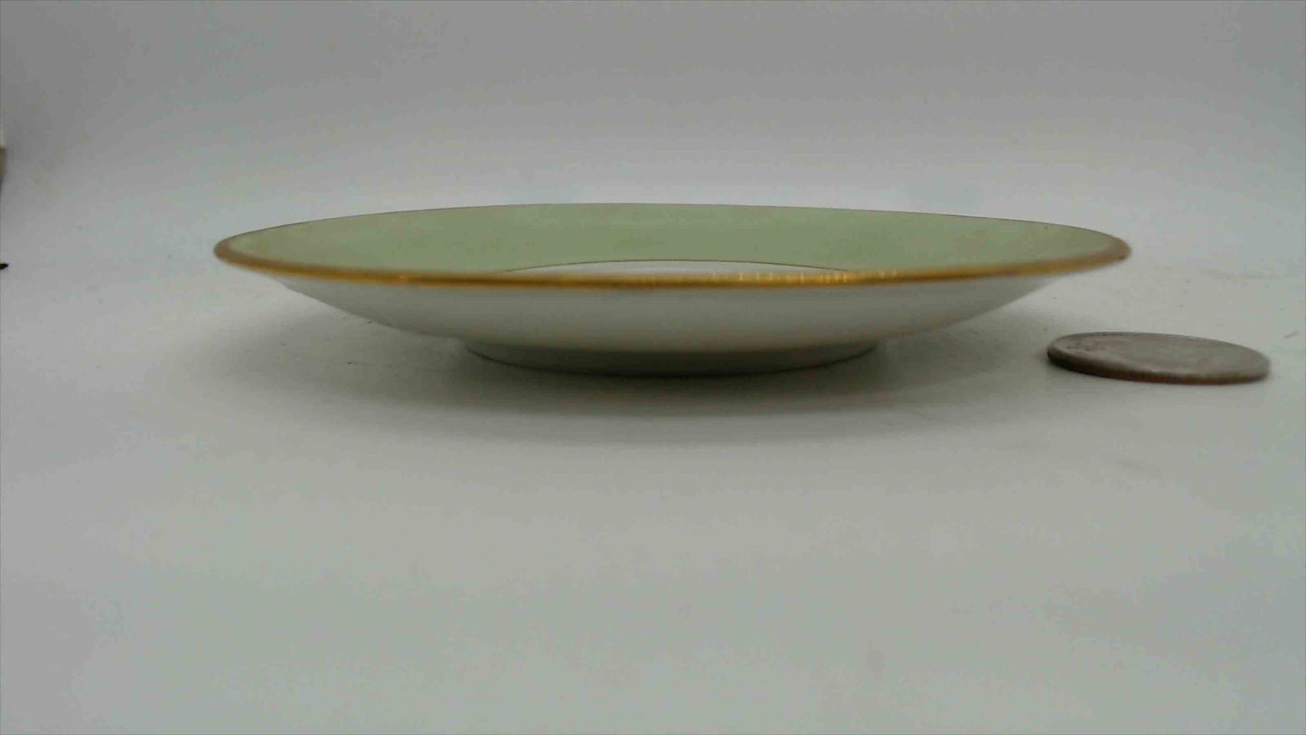 LGN France Porcelain Miniature Dish – Celadon Green, Hand-Painted Peach, Gold Gilt, 4.5"