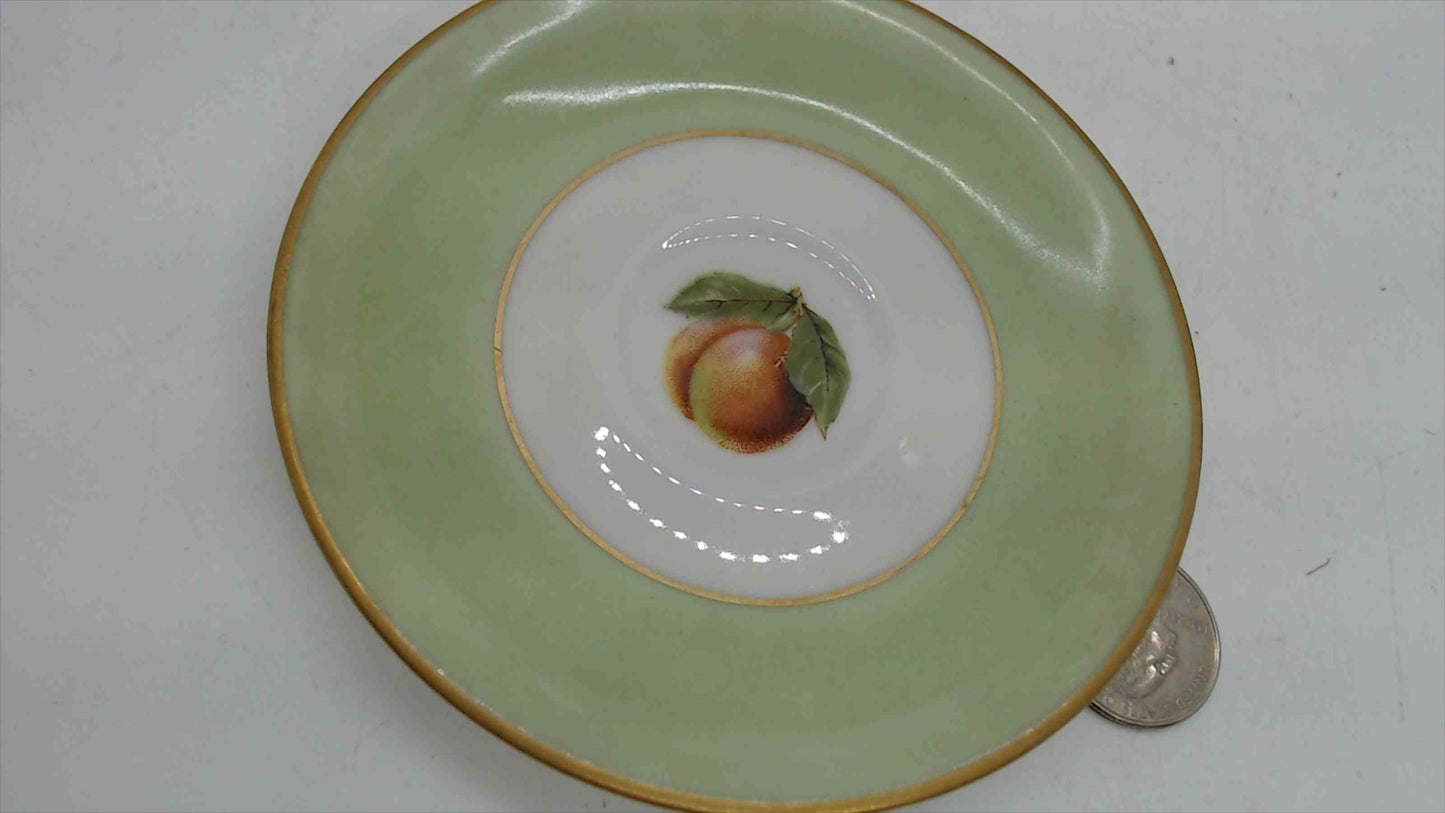 LGN France Porcelain Miniature Dish – Celadon Green, Hand-Painted Peach, Gold Gilt, 4.5"