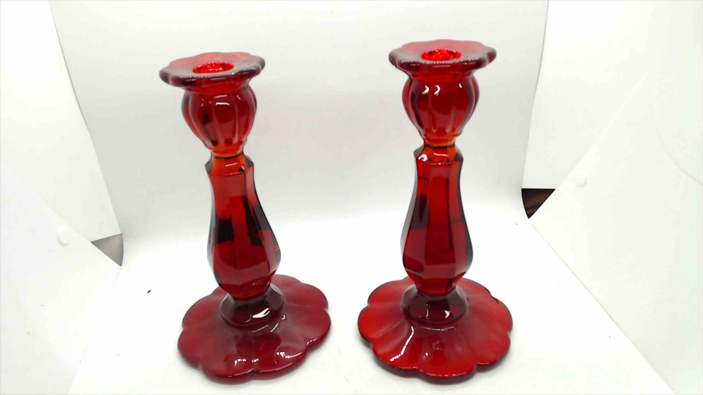 Avon Cape Cod Ruby Red Glass Candlestick Holders – Pair, 8.5" Tall
