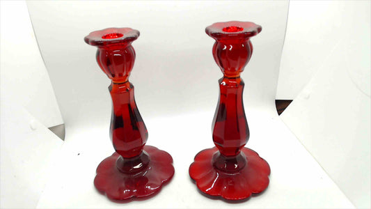Avon Cape Cod Ruby Red Glass Candlestick Holders – Pair, 8.5" Tall