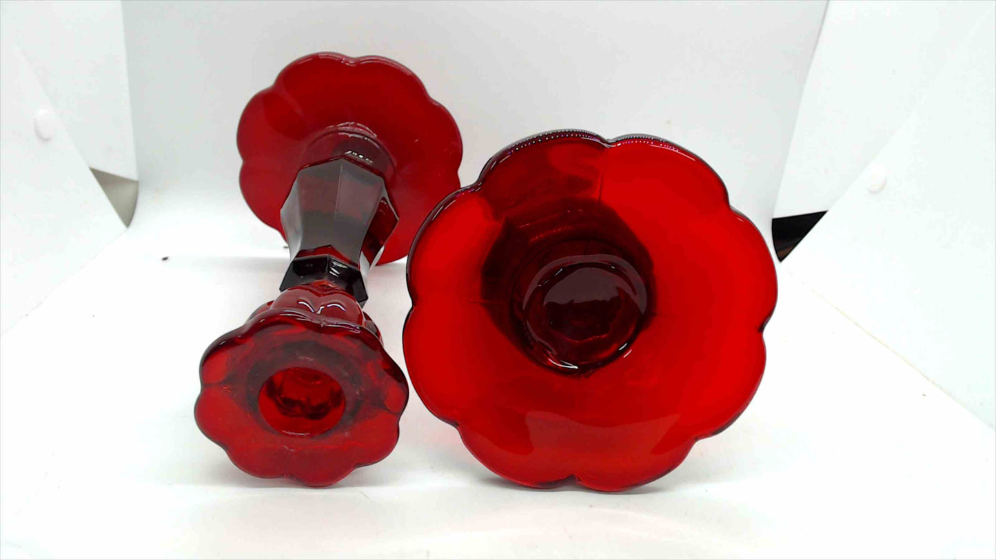 Avon Cape Cod Ruby Red Glass Candlestick Holders – Pair, 8.5" Tall