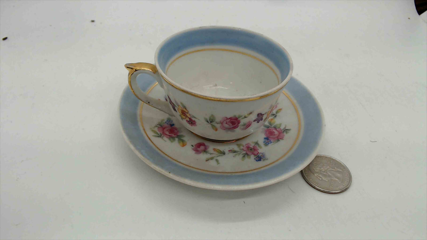 L.T. France Limoges Demitasse Cup & Saucer – Powder Blue, Mixed Floral Garland, Gold Gilt