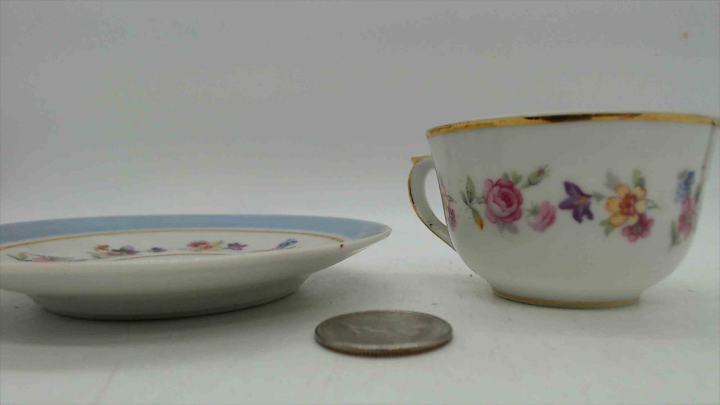 L.T. France Limoges Demitasse Cup & Saucer – Powder Blue, Mixed Floral Garland, Gold Gilt