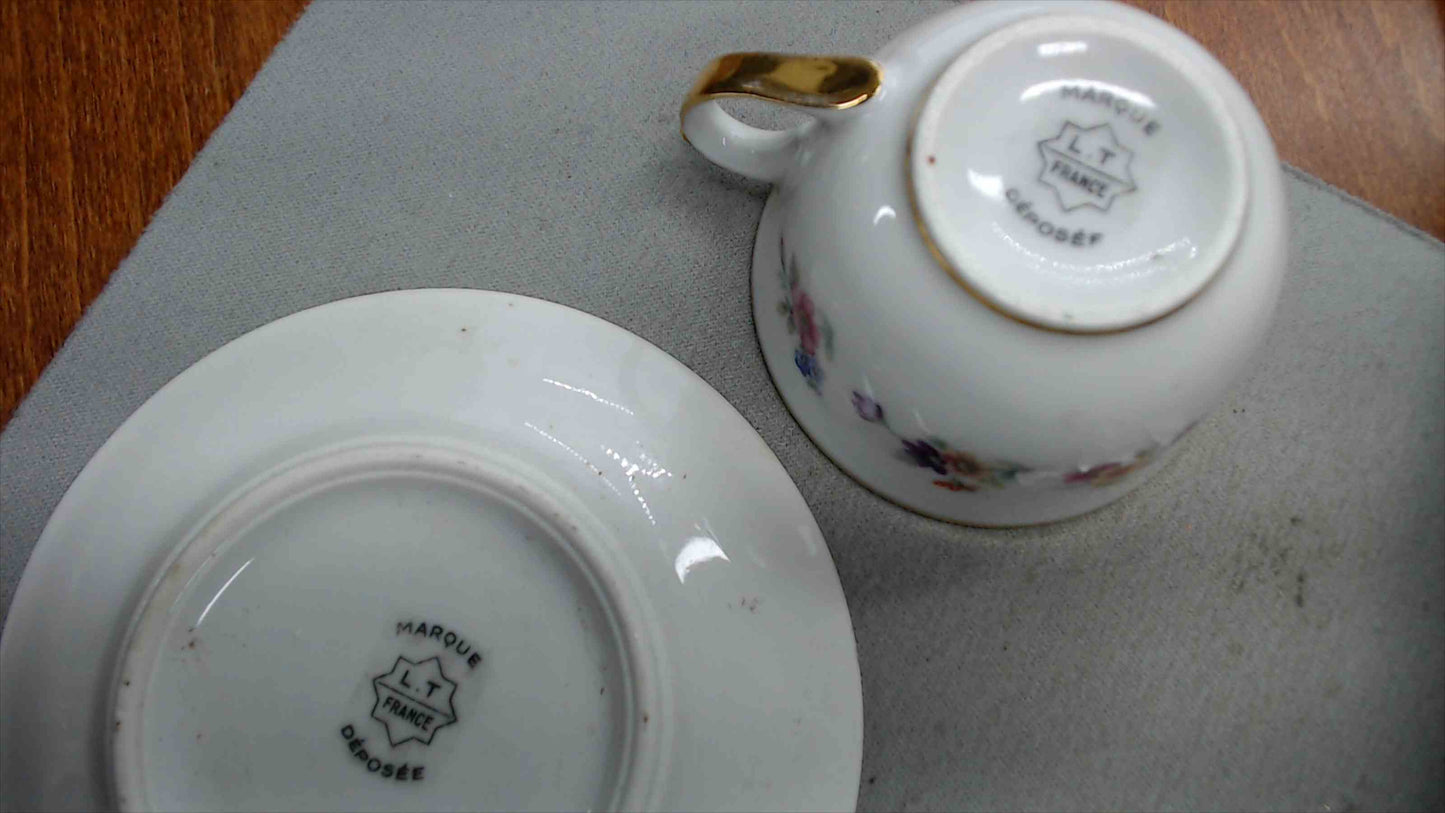 L.T. France Limoges Demitasse Cup & Saucer – Powder Blue, Mixed Floral Garland, Gold Gilt