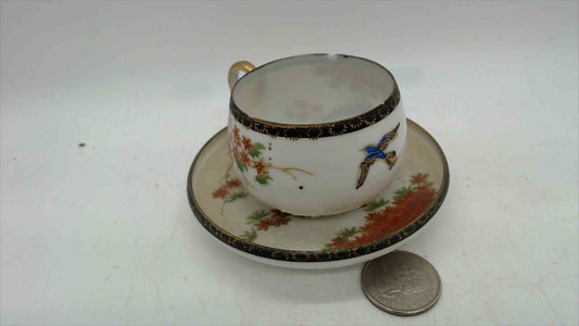 Japanese Satsuma-Style Porcelain Demitasse Cup & Saucer – Kingfisher Birds, Autumn Maple, Gold Brocade