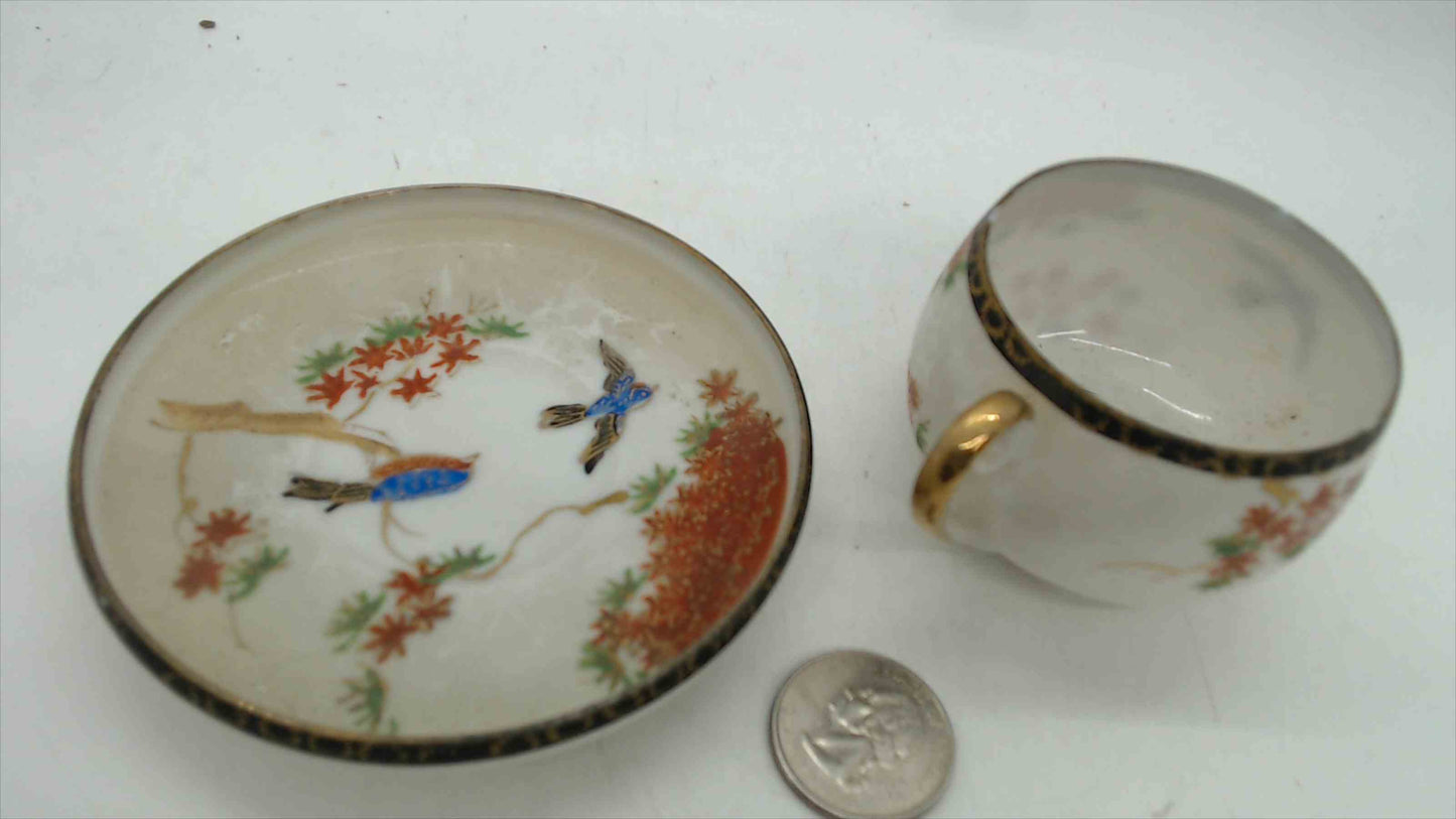 Japanese Satsuma-Style Porcelain Demitasse Cup & Saucer – Kingfisher Birds, Autumn Maple, Gold Brocade