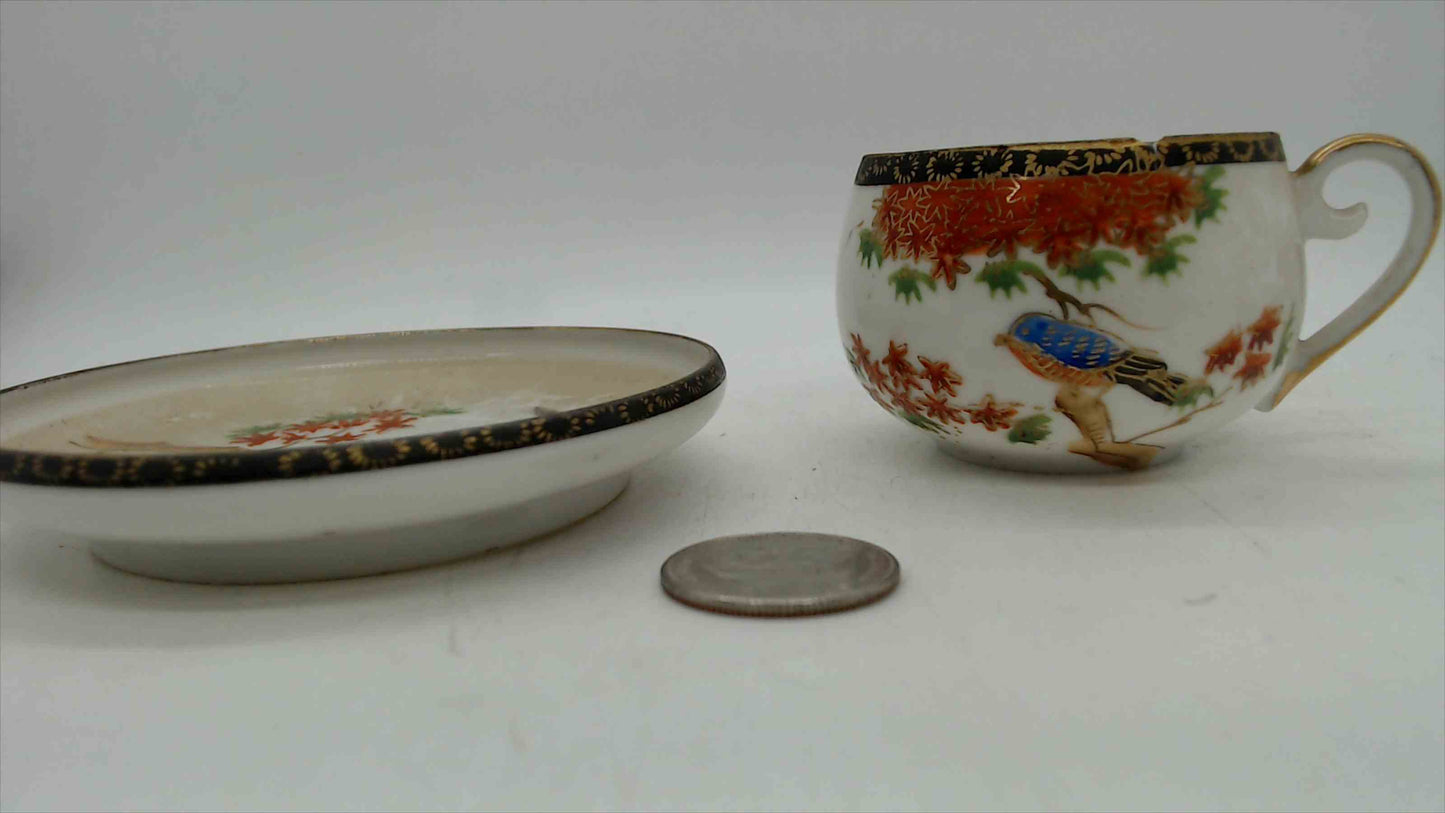 Japanese Satsuma-Style Porcelain Demitasse Cup & Saucer – Kingfisher Birds, Autumn Maple, Gold Brocade