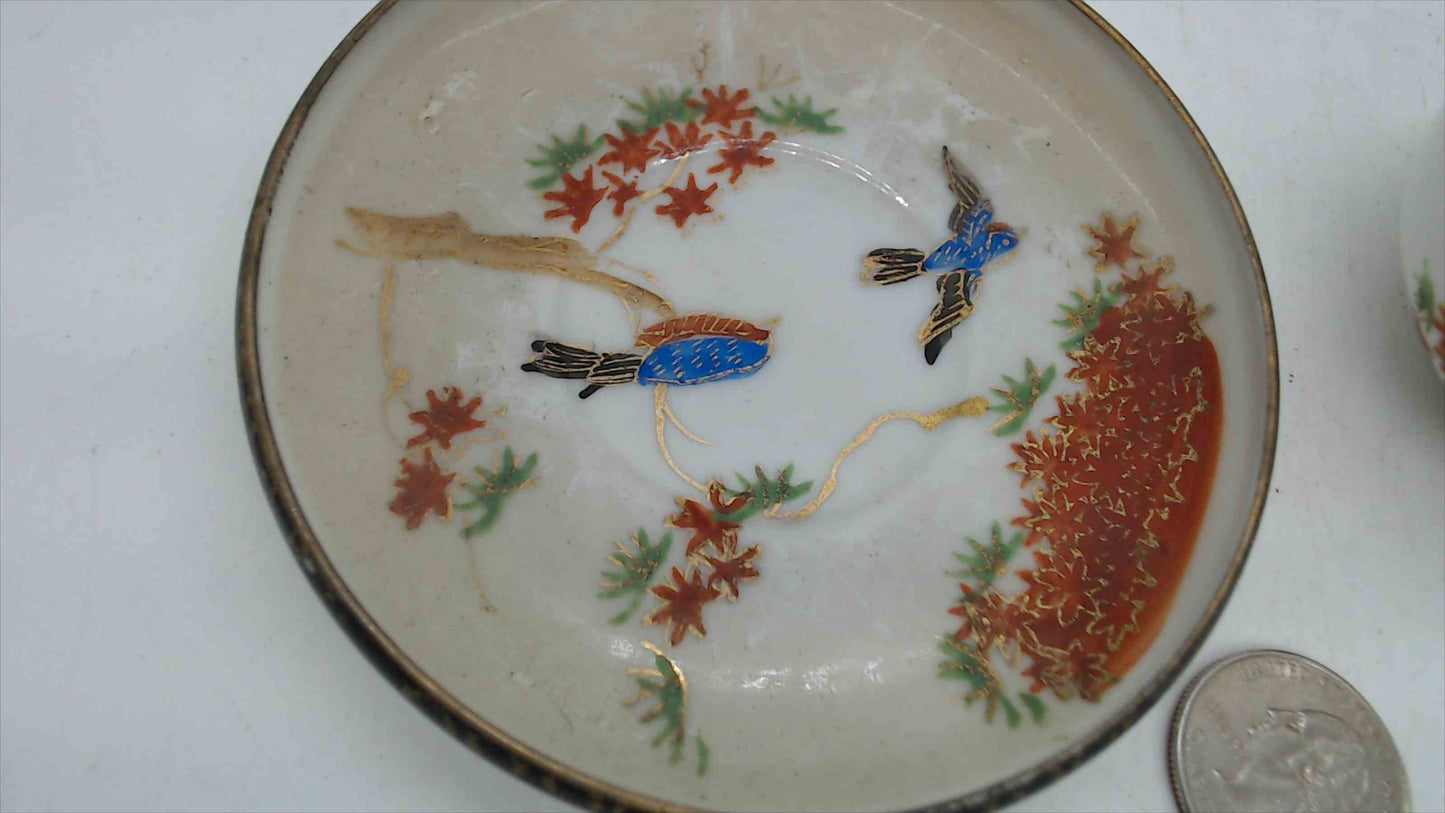Japanese Satsuma-Style Porcelain Demitasse Cup & Saucer – Kingfisher Birds, Autumn Maple, Gold Brocade