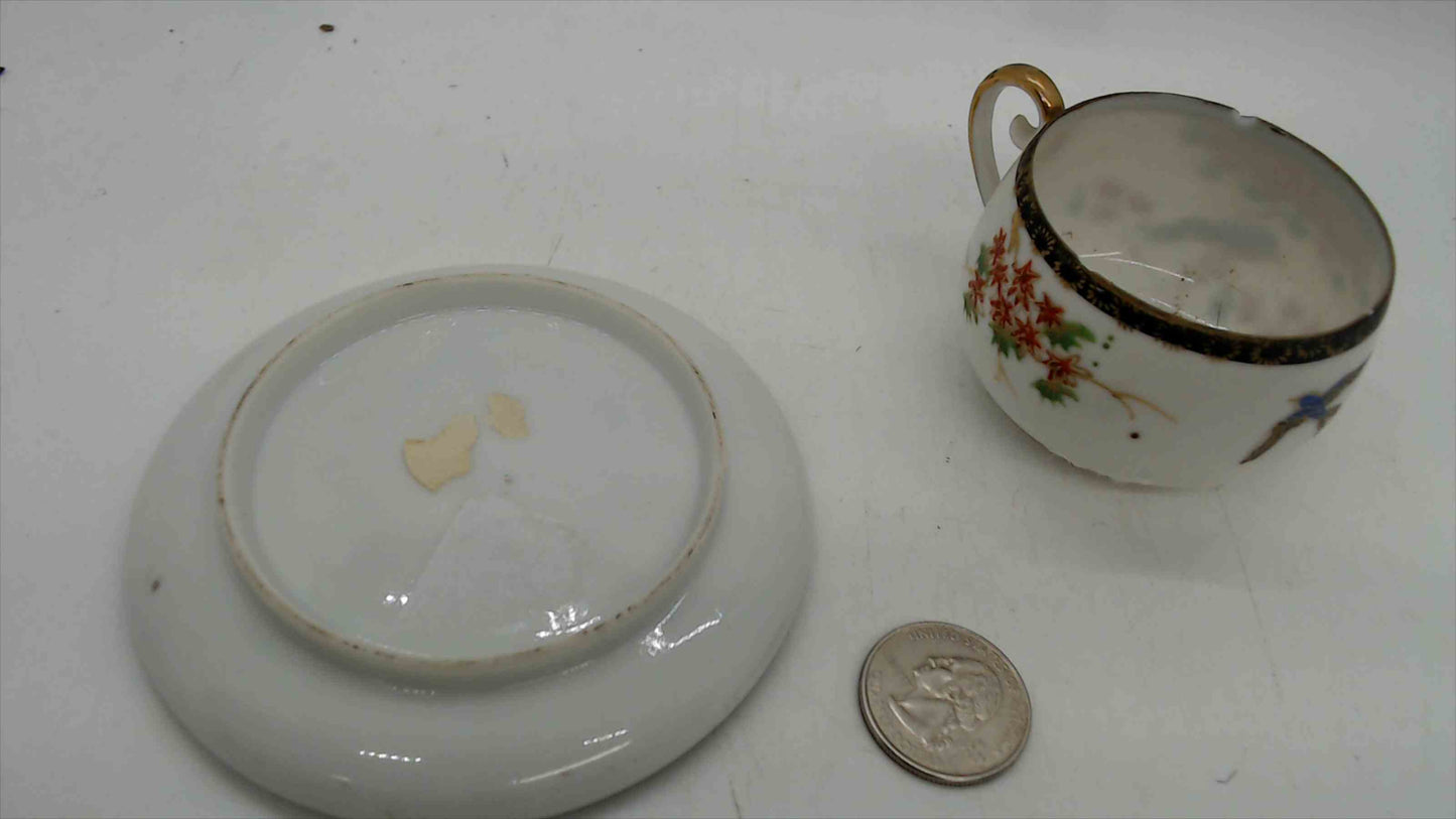 Japanese Satsuma-Style Porcelain Demitasse Cup & Saucer – Kingfisher Birds, Autumn Maple, Gold Brocade