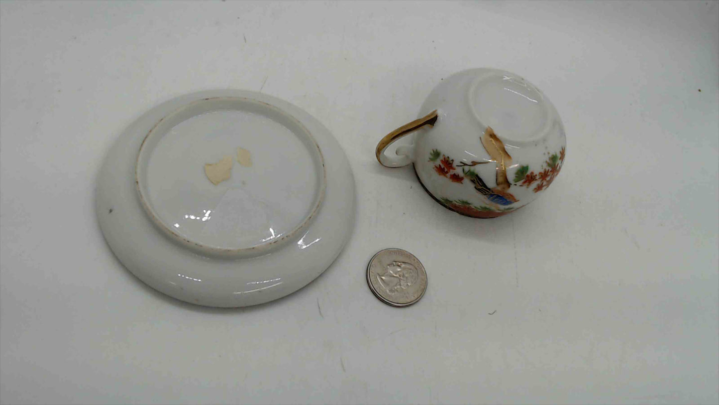 Japanese Satsuma-Style Porcelain Demitasse Cup & Saucer – Kingfisher Birds, Autumn Maple, Gold Brocade
