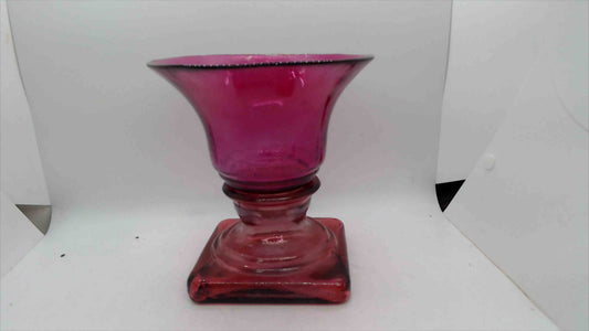 Cranberry Magenta Blown Glass Trumpet Vase – Square Pedestal Base, 6.75" Tall, Made in Spain