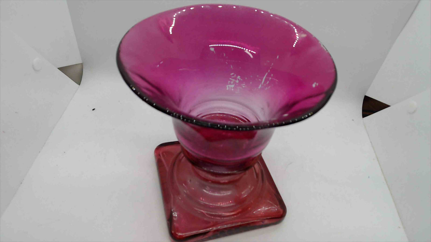 Cranberry Magenta Blown Glass Trumpet Vase – Square Pedestal Base, 6.75" Tall, Made in Spain