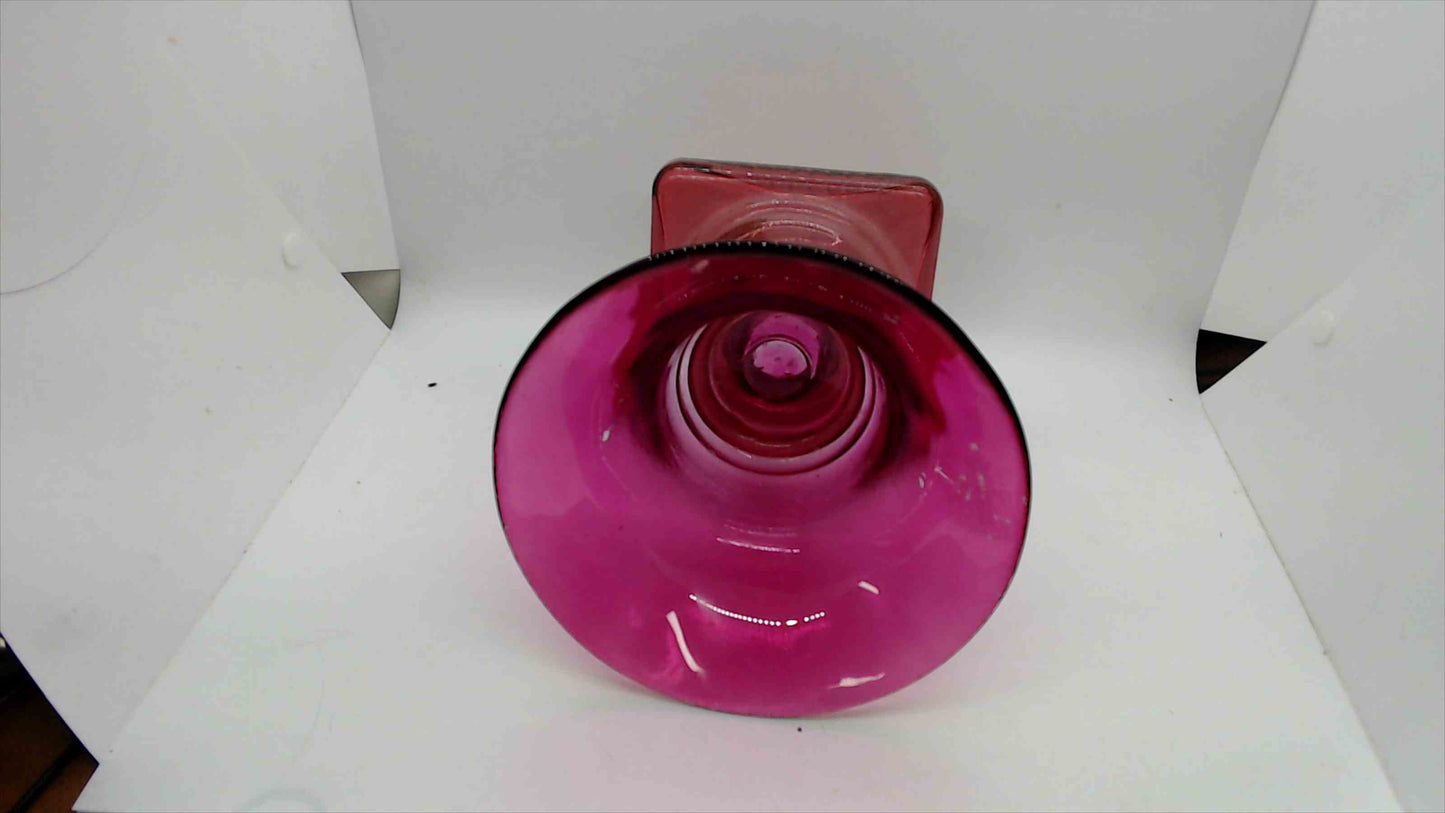 Cranberry Magenta Blown Glass Trumpet Vase – Square Pedestal Base, 6.75" Tall, Made in Spain