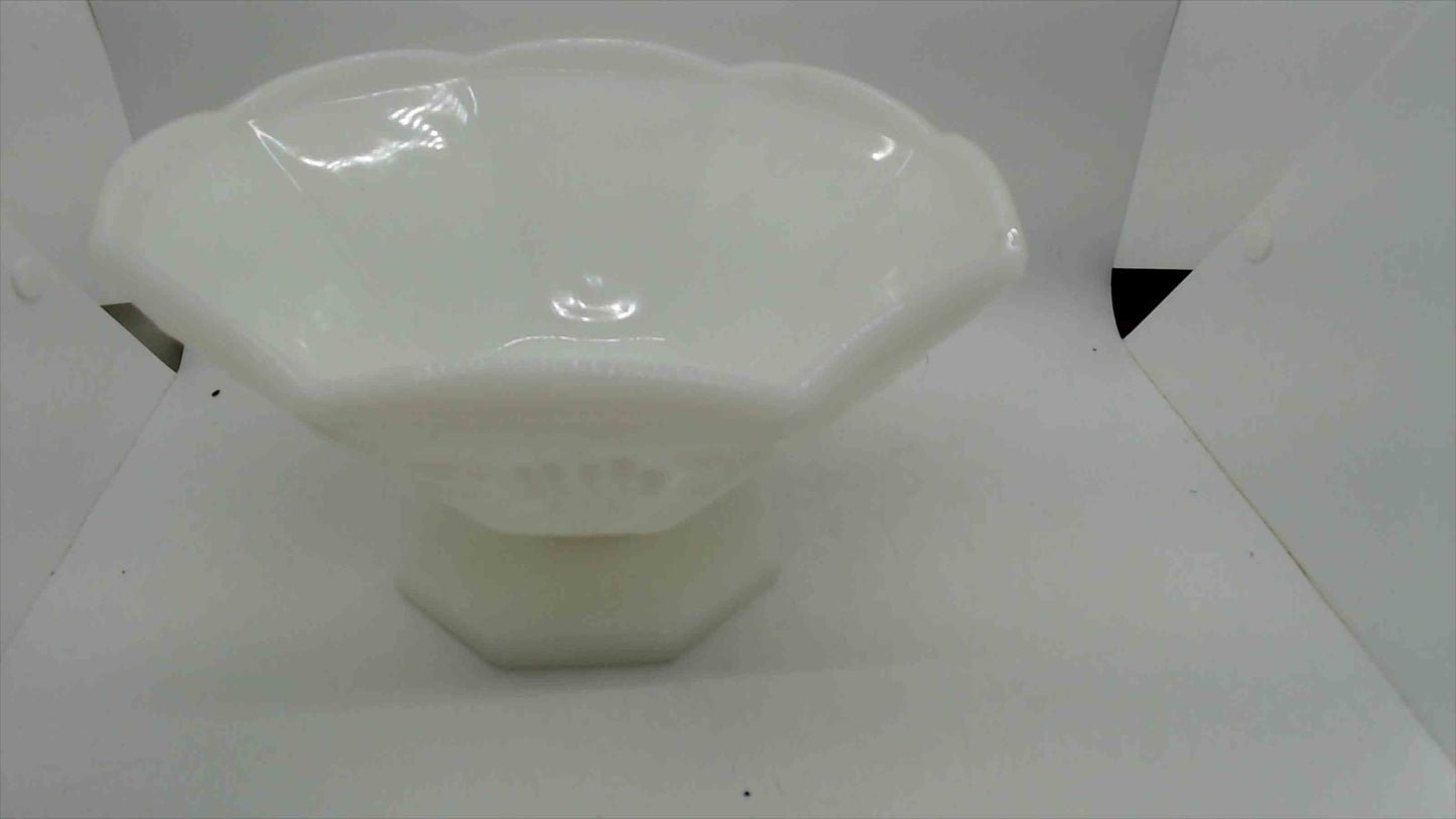 Vintage Milk Glass Pedestal Compote – Embossed Grape & Leaf, Ruffled Rim, 5" Tall x 9" Wide