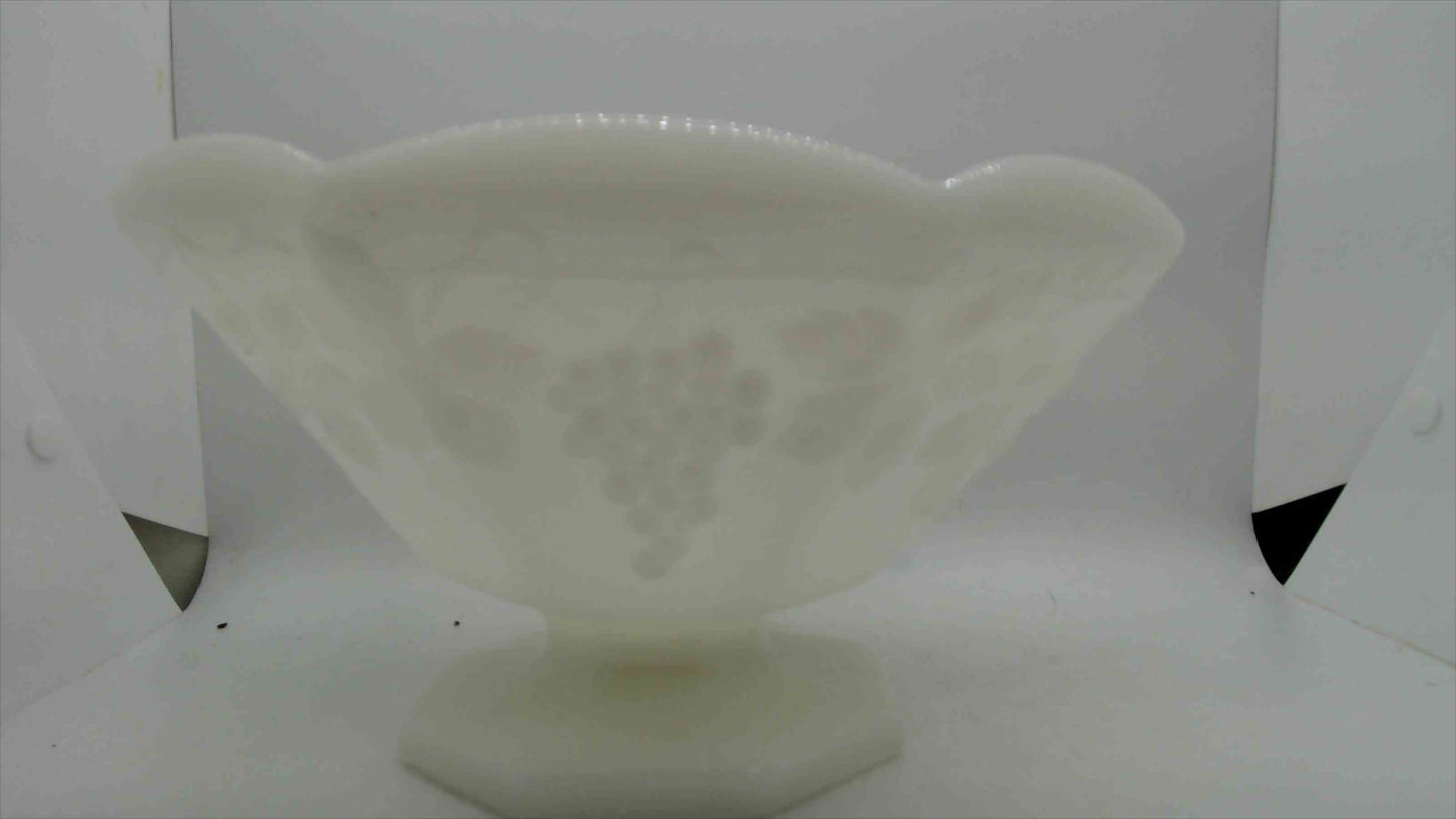 Vintage Milk Glass Pedestal Compote – Embossed Grape & Leaf, Ruffled Rim, 5" Tall x 9" Wide