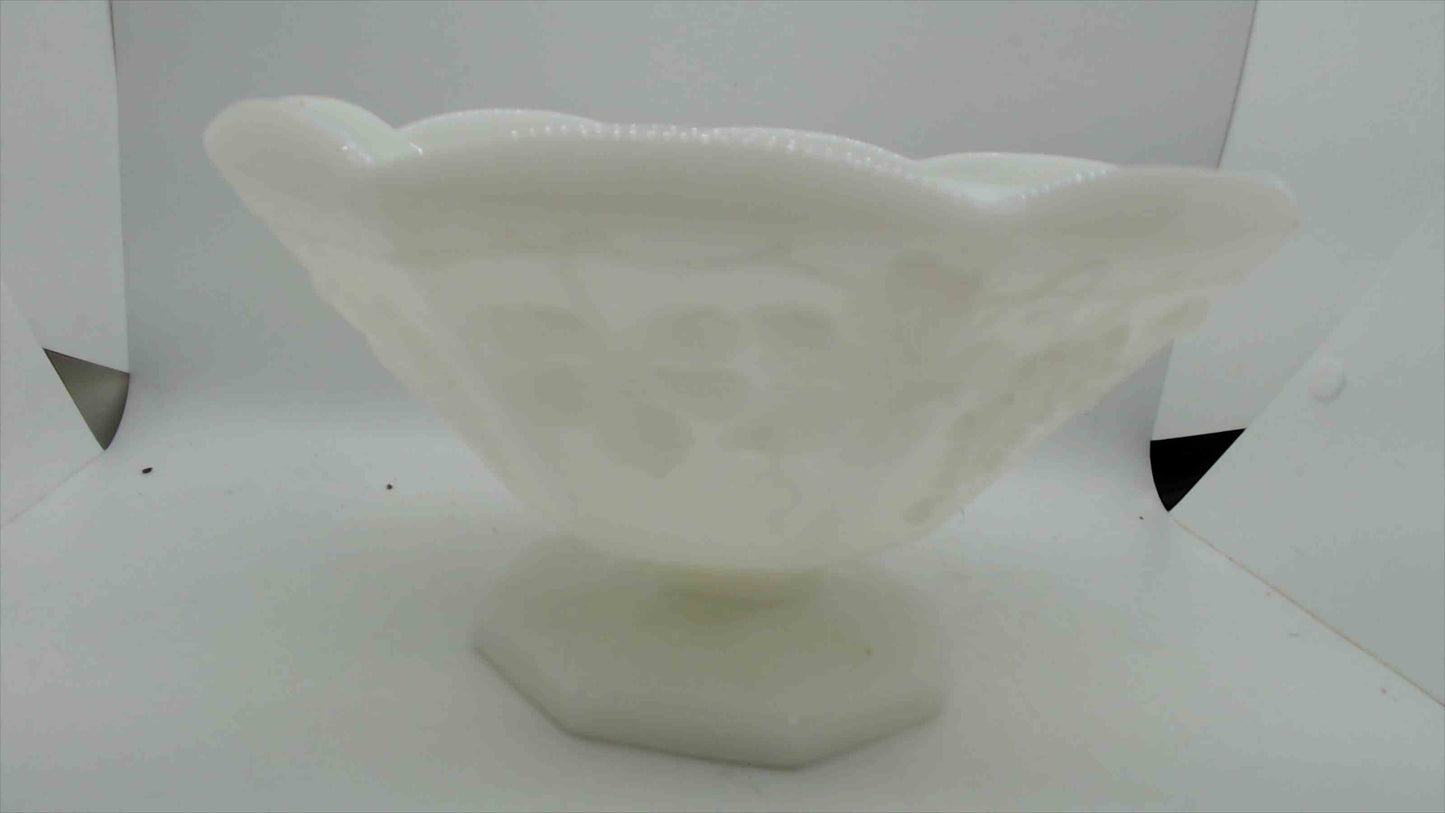 Vintage Milk Glass Pedestal Compote – Embossed Grape & Leaf, Ruffled Rim, 5" Tall x 9" Wide