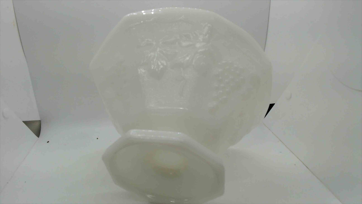 Vintage Milk Glass Pedestal Compote – Embossed Grape & Leaf, Ruffled Rim, 5" Tall x 9" Wide