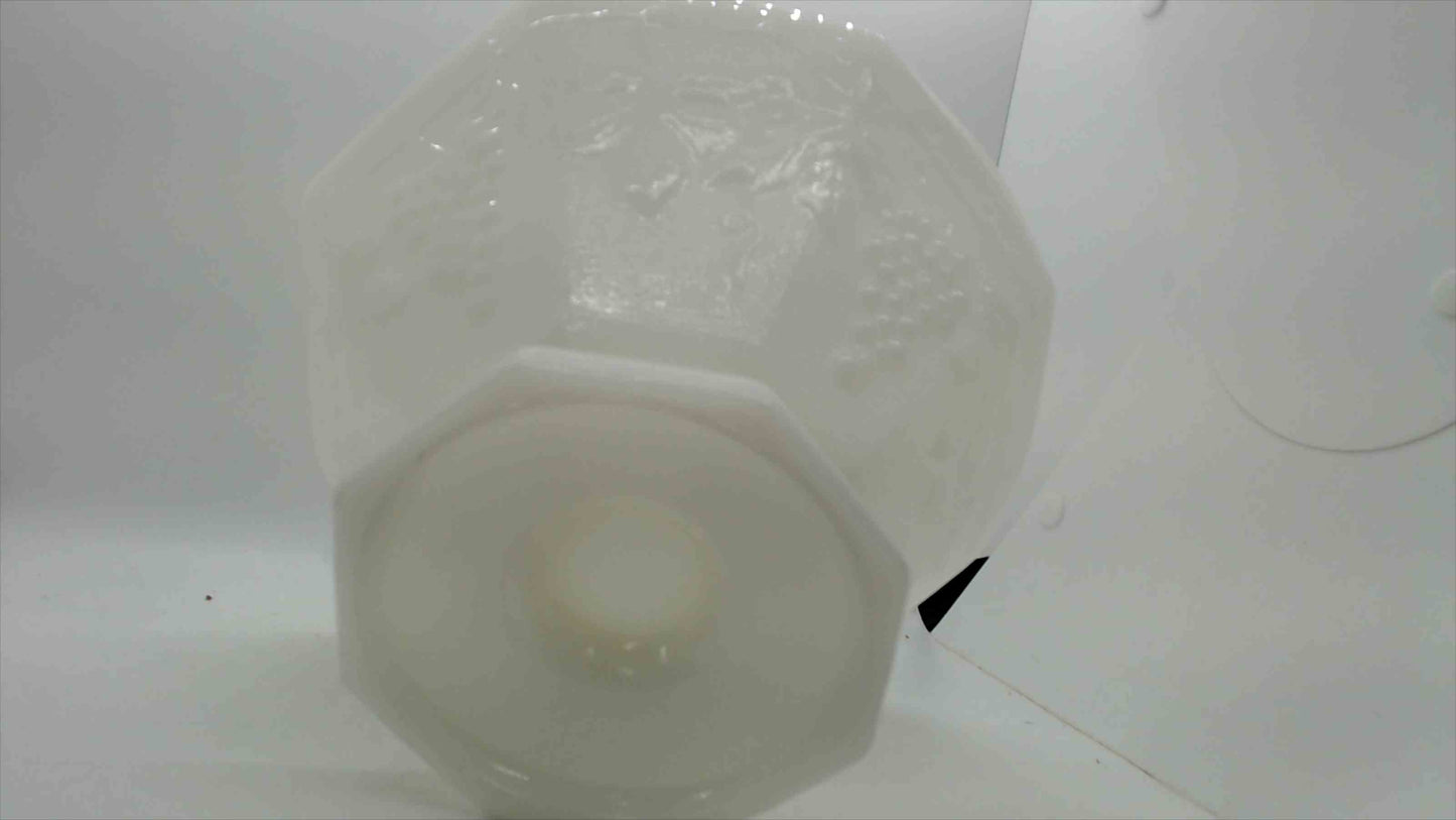 Vintage Milk Glass Pedestal Compote – Embossed Grape & Leaf, Ruffled Rim, 5" Tall x 9" Wide