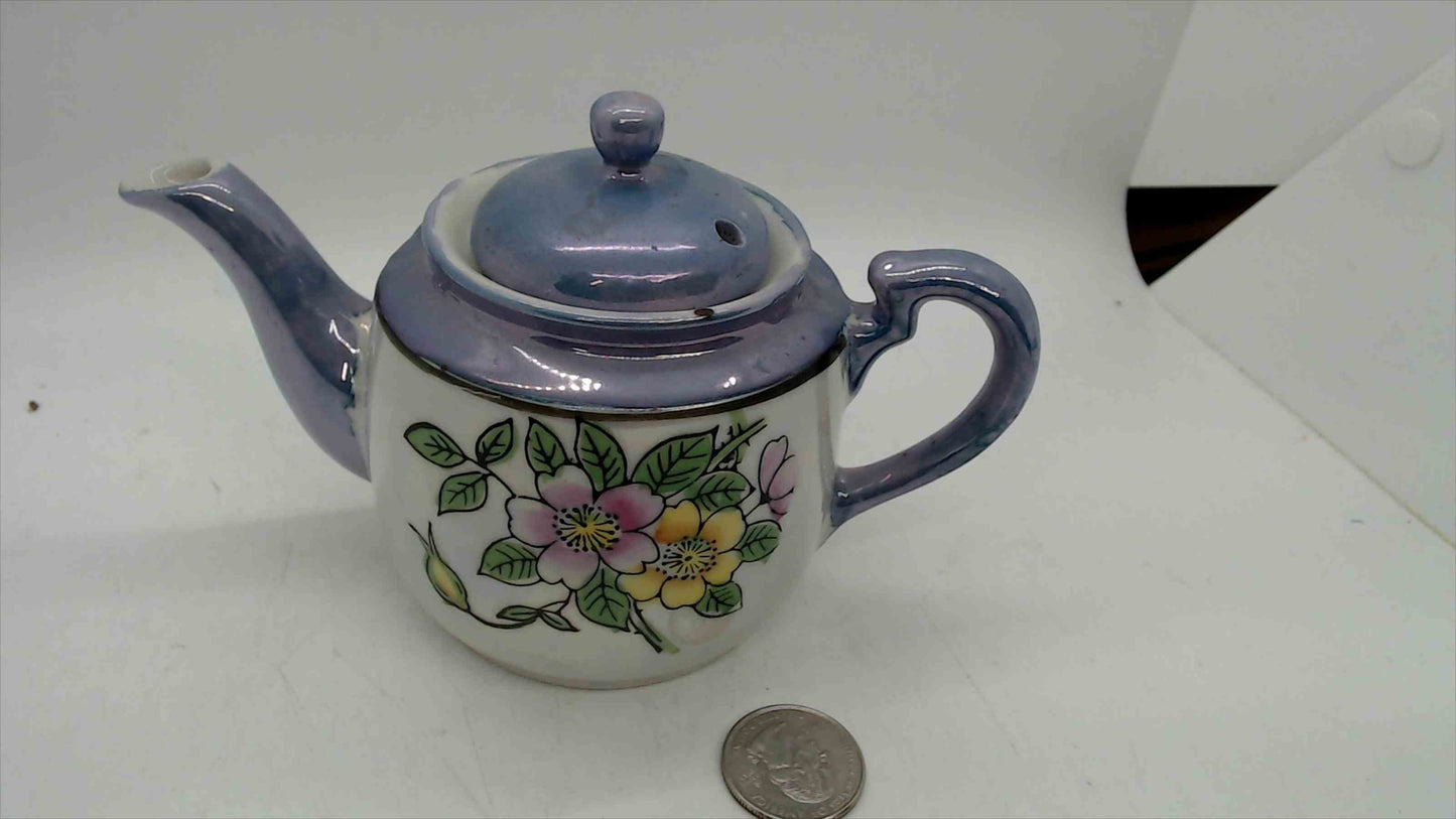 Vintage Japanese Lusterware Miniature Teapot – Periwinkle Blue, Wild Rose Floral, Built-In Strainer, 4" Tall