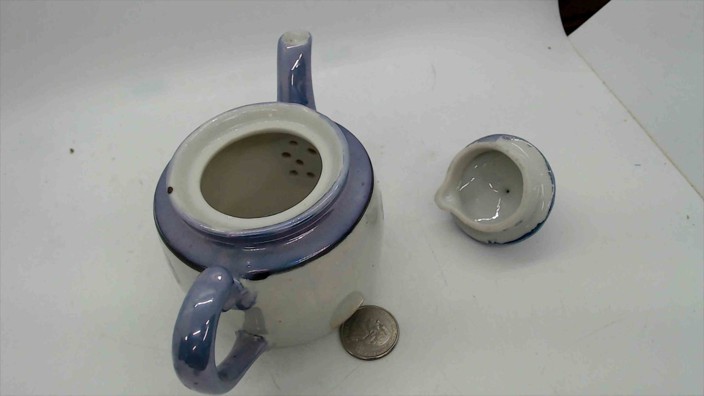 Vintage Japanese Lusterware Miniature Teapot – Periwinkle Blue, Wild Rose Floral, Built-In Strainer, 4" Tall