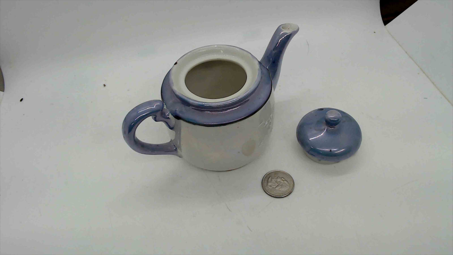 Vintage Japanese Lusterware Miniature Teapot – Periwinkle Blue, Wild Rose Floral, Built-In Strainer, 4" Tall
