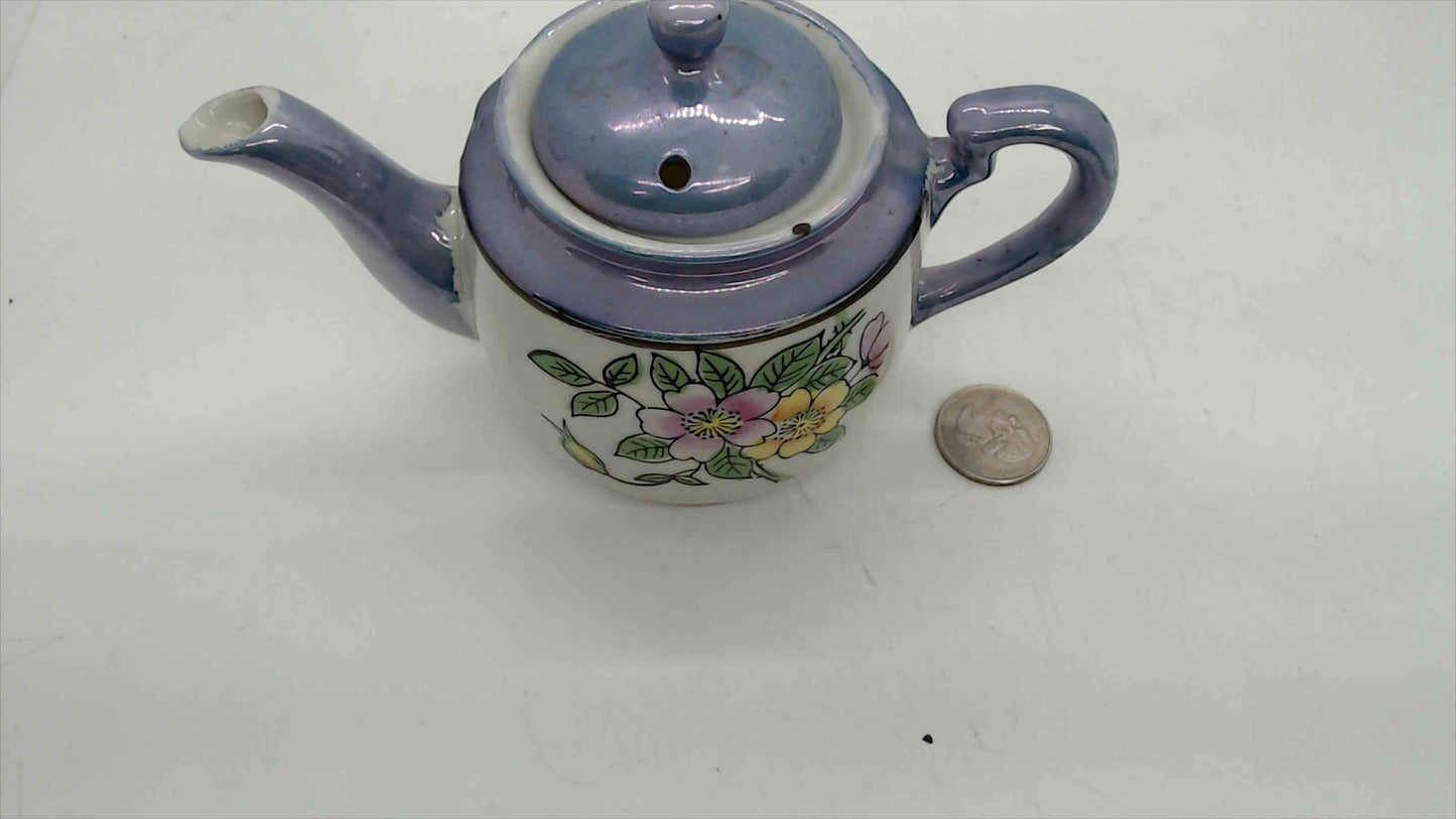 Vintage Japanese Lusterware Miniature Teapot – Periwinkle Blue, Wild Rose Floral, Built-In Strainer, 4" Tall