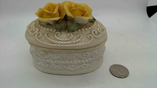 Vintage Ceramic Oval Trinket Box – 3D Yellow Rose Bouquet Finial, Ivory Bisque, Embossed Scrollwork, 3" Tall