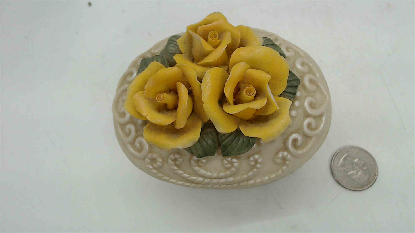 Vintage Ceramic Oval Trinket Box – 3D Yellow Rose Bouquet Finial, Ivory Bisque, Embossed Scrollwork, 3" Tall