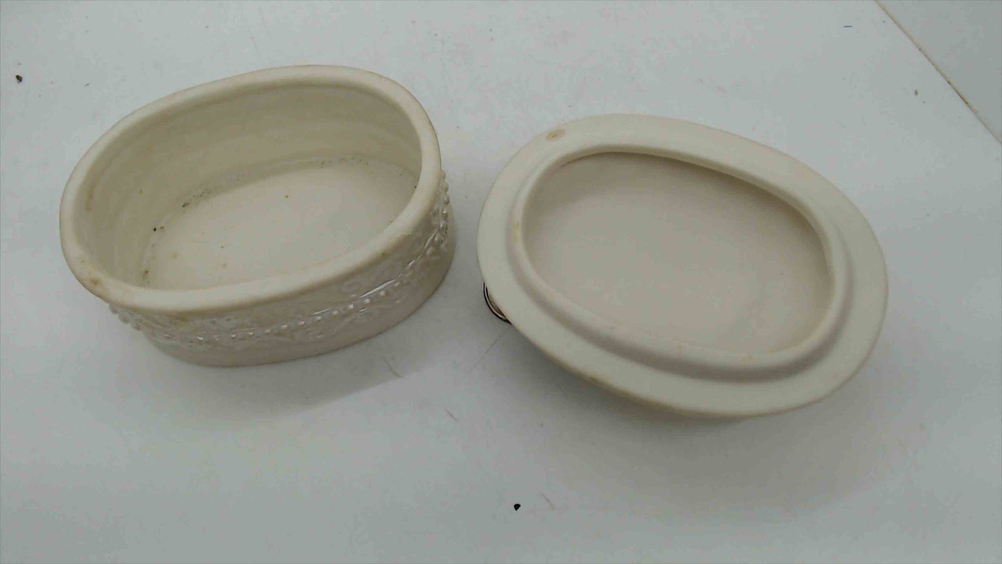 Vintage Ceramic Oval Trinket Box – 3D Yellow Rose Bouquet Finial, Ivory Bisque, Embossed Scrollwork, 3" Tall