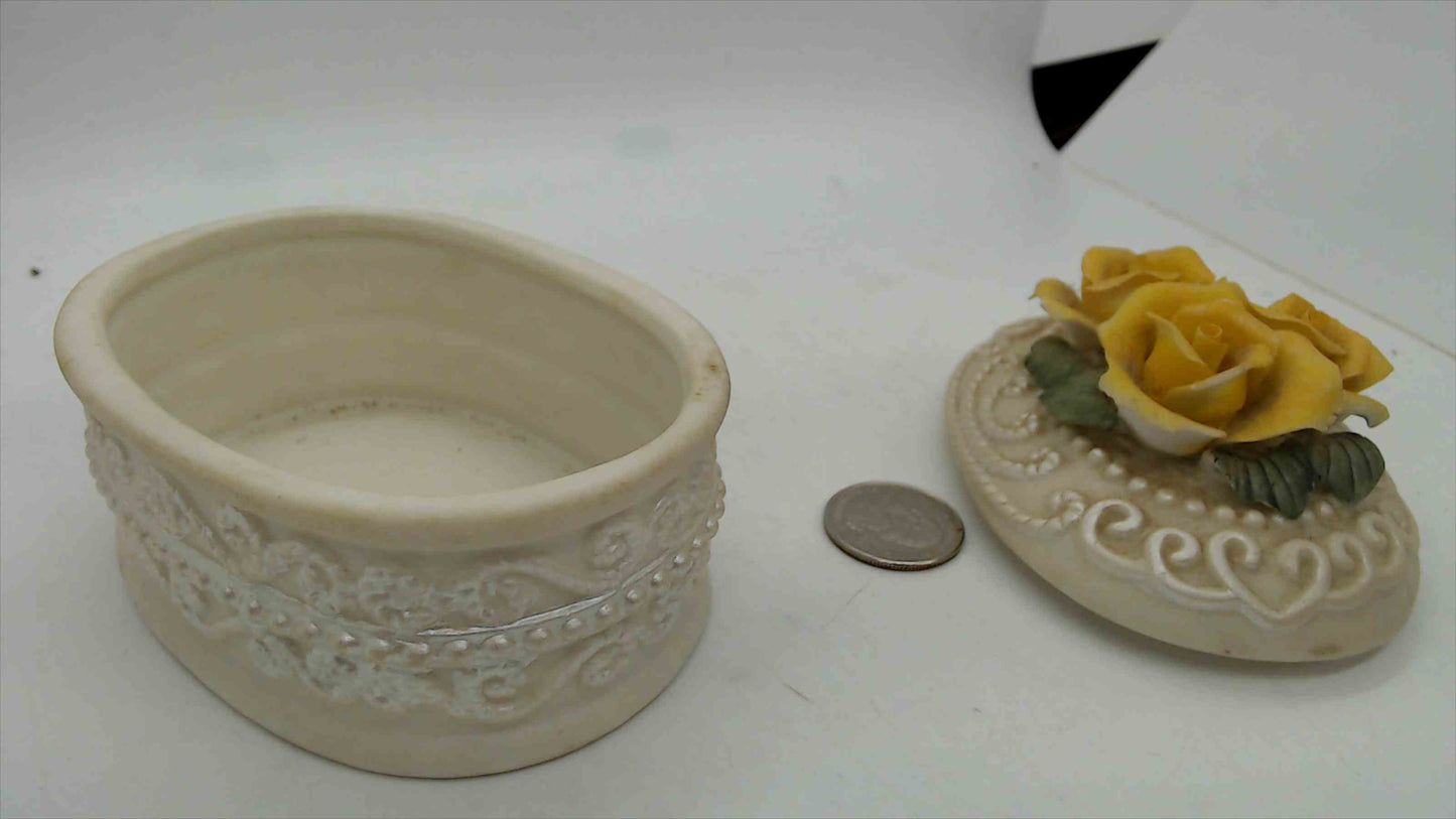 Vintage Ceramic Oval Trinket Box – 3D Yellow Rose Bouquet Finial, Ivory Bisque, Embossed Scrollwork, 3" Tall