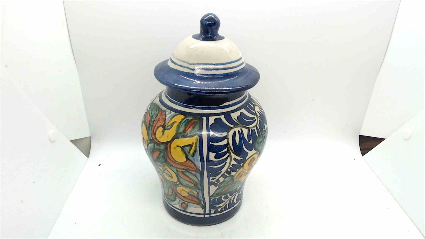 Signed T.M. Ruth Mexican Talavera-Style Hand-Painted Ginger Jar – Cobalt Blue Floral, 9" Tall