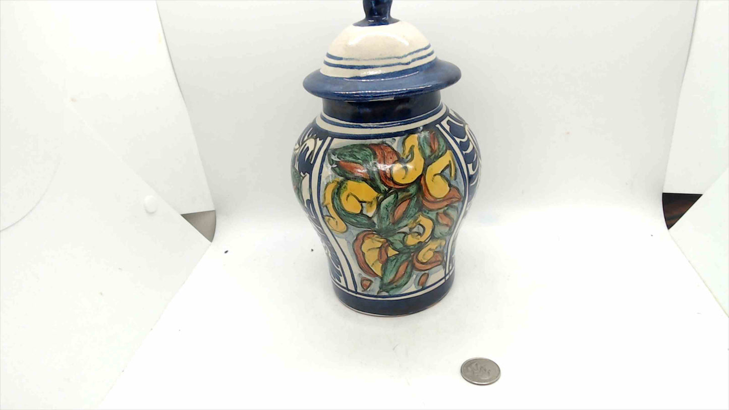 Signed T.M. Ruth Mexican Talavera-Style Hand-Painted Ginger Jar – Cobalt Blue Floral, 9" Tall
