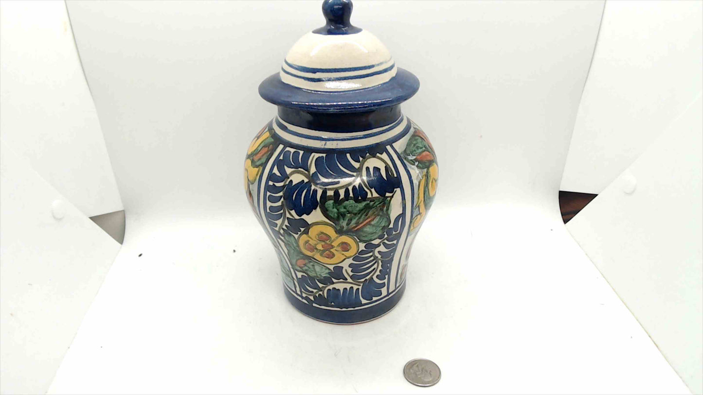 Signed T.M. Ruth Mexican Talavera-Style Hand-Painted Ginger Jar – Cobalt Blue Floral, 9" Tall