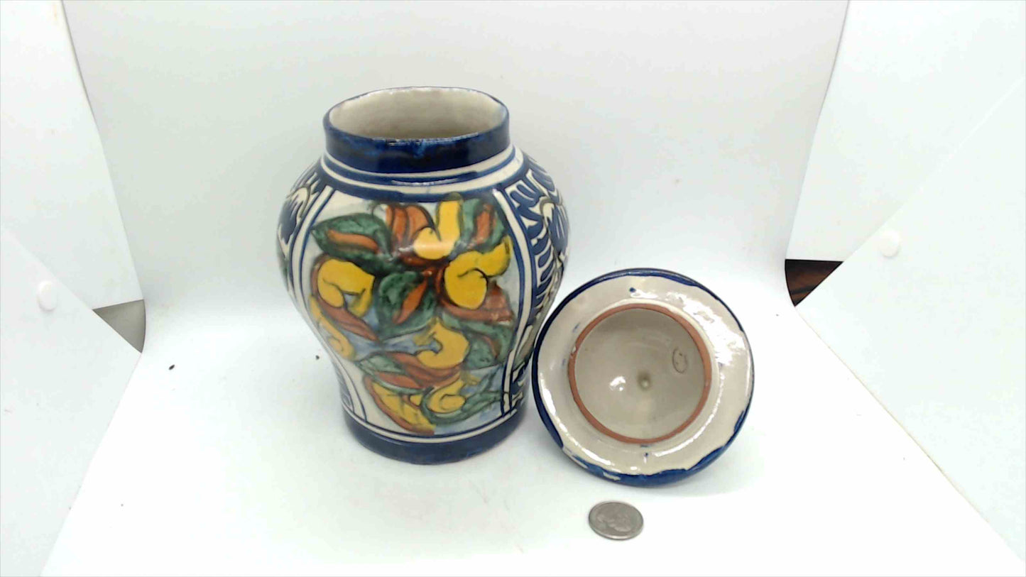 Signed T.M. Ruth Mexican Talavera-Style Hand-Painted Ginger Jar – Cobalt Blue Floral, 9" Tall