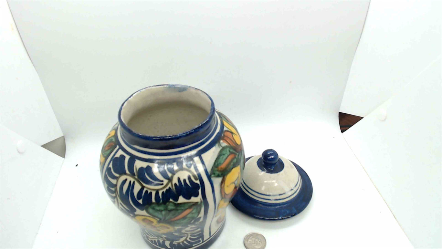 Signed T.M. Ruth Mexican Talavera-Style Hand-Painted Ginger Jar – Cobalt Blue Floral, 9" Tall