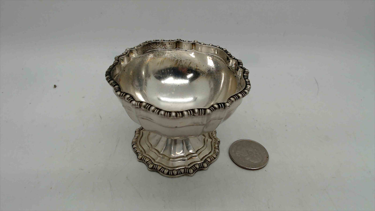 Avon Silver A1 Electroplate Miniature Pedestal Salt Cellar – Gadrooned Rim, Scalloped Base, 2" Tall