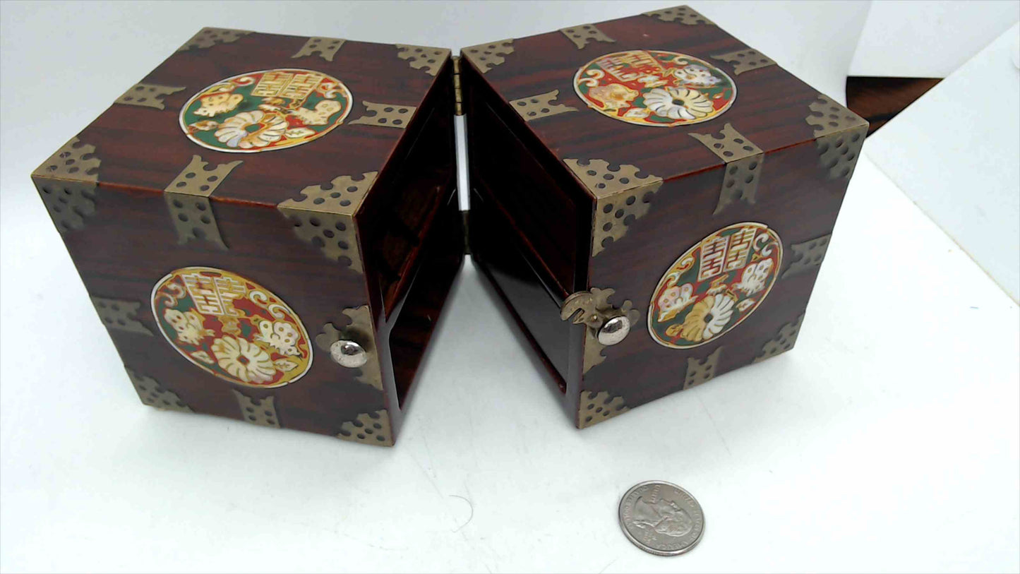 Chinese Rosewood Double-Opening Jewelry Chest – Cloisonné Medallions, Brass Fittings, Red Velvet Drawers, 3.5" Tall